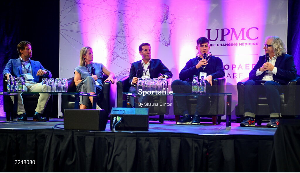 27 September 2025; Attendees, from left, UPMC Sports Surgey Clinic head of strength and conditioning and lab services Tommy Mooney, IRFU specialist rehabilitation physiotherapist Emma Gallivan, consultant orthopaedic surgeon Brian Devitt, Irish Rugby international and Leinster player Dan Sheehan and MC Ger Gilroy during the UPMC Orthopaedic Care and Sports Medicine Conference at The Convention Centre in Dublin. Photo by Shauna Clinton/Sportsfile