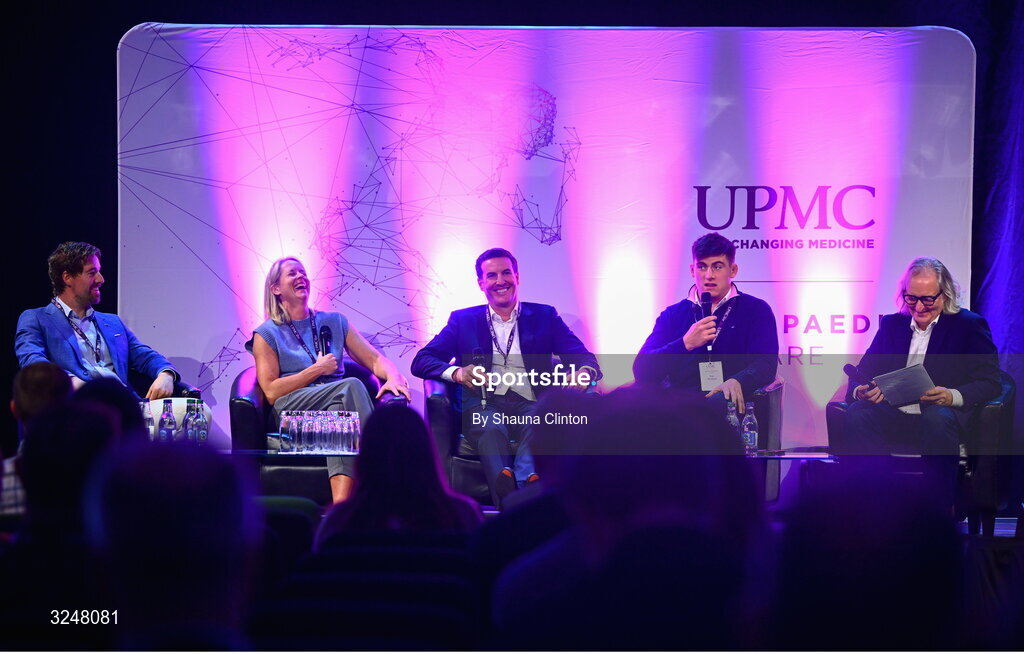 27 September 2025; Attendees, from left, UPMC Sports Surgey Clinic head of strength and conditioning and lab services Tommy Mooney, IRFU specialist rehabilitation physiotherapist Emma Gallivan, consultant orthopaedic surgeon Brian Devitt, Irish Rugby international and Leinster player Dan Sheehan and MC Ger Gilroy during the UPMC Orthopaedic Care and Sports Medicine Conference at The Convention Centre in Dublin. Photo by Shauna Clinton/Sportsfile