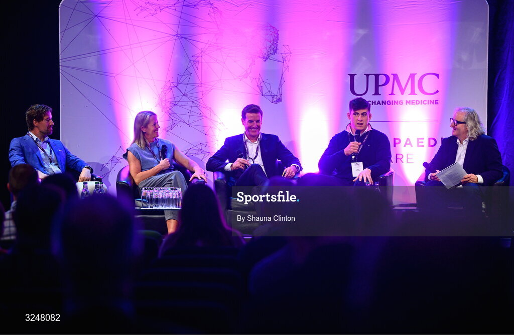 27 September 2025; Attendees, from left, UPMC Sports Surgey Clinic head of strength and conditioning and lab services Tommy Mooney, IRFU specialist rehabilitation physiotherapist Emma Gallivan, consultant orthopaedic surgeon Brian Devitt, Irish Rugby international and Leinster player Dan Sheehan and MC Ger Gilroy during the UPMC Orthopaedic Care and Sports Medicine Conference at The Convention Centre in Dublin. Photo by Shauna Clinton/Sportsfile