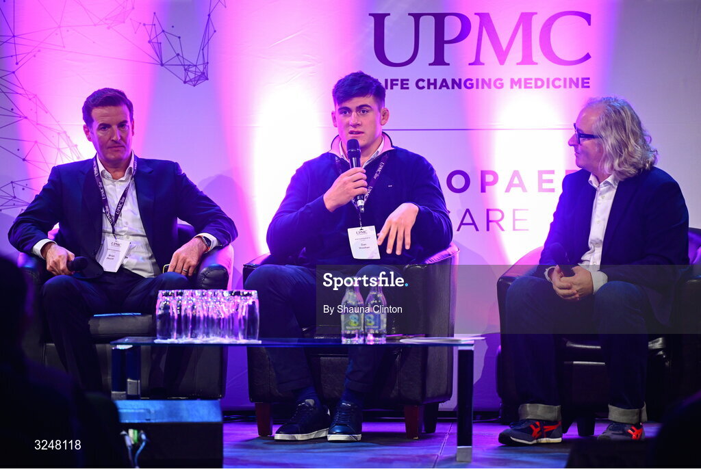 27 September 2025; Attendees, from left, consultant orthopaedic surgeon Brian Devitt, Irish Rugby international and Leinster player Dan Sheehan and MC Ger Gilroy during the UPMC Orthopaedic Care and Sports Medicine Conference at The Convention Centre in Dublin. Photo by Shauna Clinton/Sportsfile
