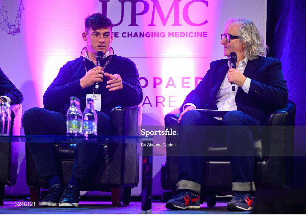27 September 2025; Irish Rugby international and Leinster player Dan Sheehan, left, and MC Ger Gilroy during the UPMC Orthopaedic Care and Sports Medicine Conference at The Convention Centre in Dublin. Photo by Shauna Clinton/Sportsfile