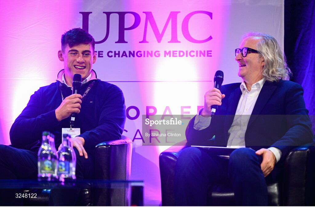 27 September 2025; Irish Rugby international and Leinster player Dan Sheehan, left, and MC Ger Gilroy during the UPMC Orthopaedic Care and Sports Medicine Conference at The Convention Centre in Dublin. Photo by Shauna Clinton/Sportsfile