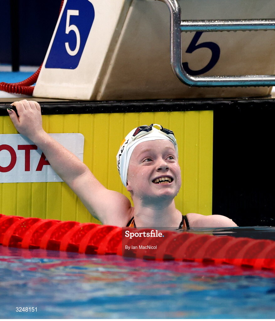 27 September 2025; Dearbhaile Brady of team Ireland reacts after winning silver in the final of the Women’s 50m Butterfly S6 during day seven of the Toyota World Para Swimming Championships at the OCBC Aquatic Centre in Singapore. Photo by Ian MacNicol/Sportsfile
