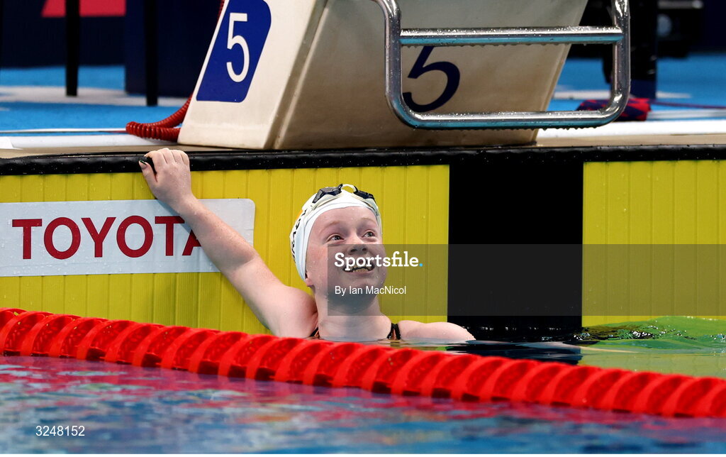 27 September 2025; Dearbhaile Brady of team Ireland reacts after winning silver in the final of the Women’s 50m Butterfly S6 during day seven of the Toyota World Para Swimming Championships at the OCBC Aquatic Centre in Singapore. Photo by Ian MacNicol/Sportsfile