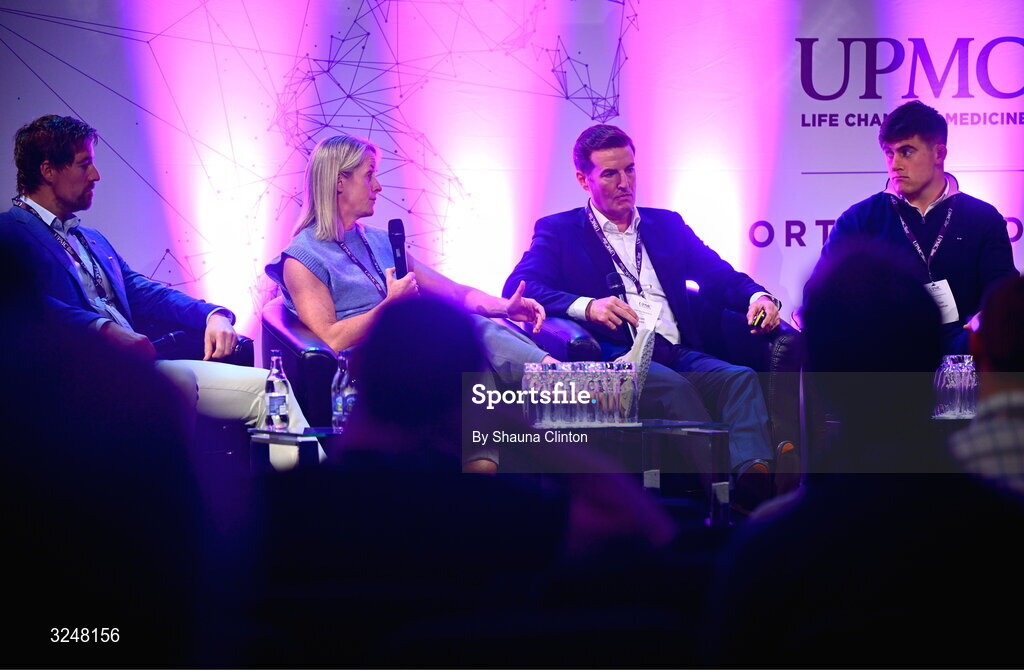 27 September 2025; Attendees, from left, UPMC Sports Surgey Clinic head of strength and conditioning and lab services Tommy Mooney, IRFU specialist rehabilitation physiotherapist Emma Gallivan, consultant orthopaedic surgeon Brian Devitt, Irish Rugby international and Leinster player Dan Sheehan and MC Ger Gilroy during the UPMC Orthopaedic Care and Sports Medicine Conference at The Convention Centre in Dublin. Photo by Shauna Clinton/Sportsfile