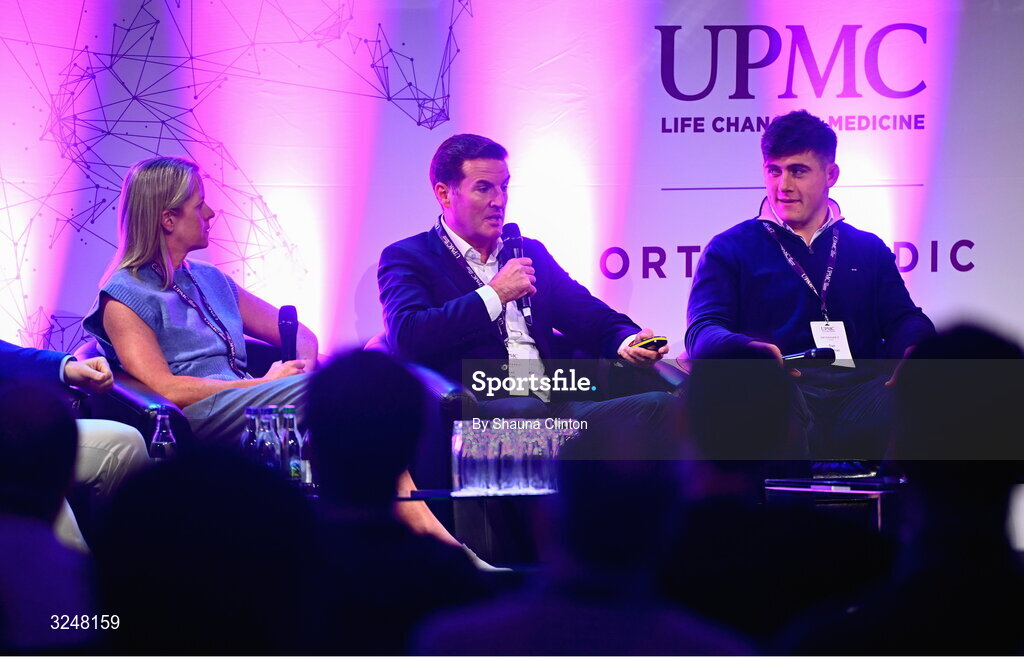 27 September 2025; Attendees, from left, IRFU specialist rehabilitation physiotherapist Emma Gallivan, consultant orthopaedic surgeon Brian Devitt, and Irish Rugby international and Leinster player Dan Sheehan during the UPMC Orthopaedic Care and Sports Medicine Conference at The Convention Centre in Dublin. Photo by Shauna Clinton/Sportsfile