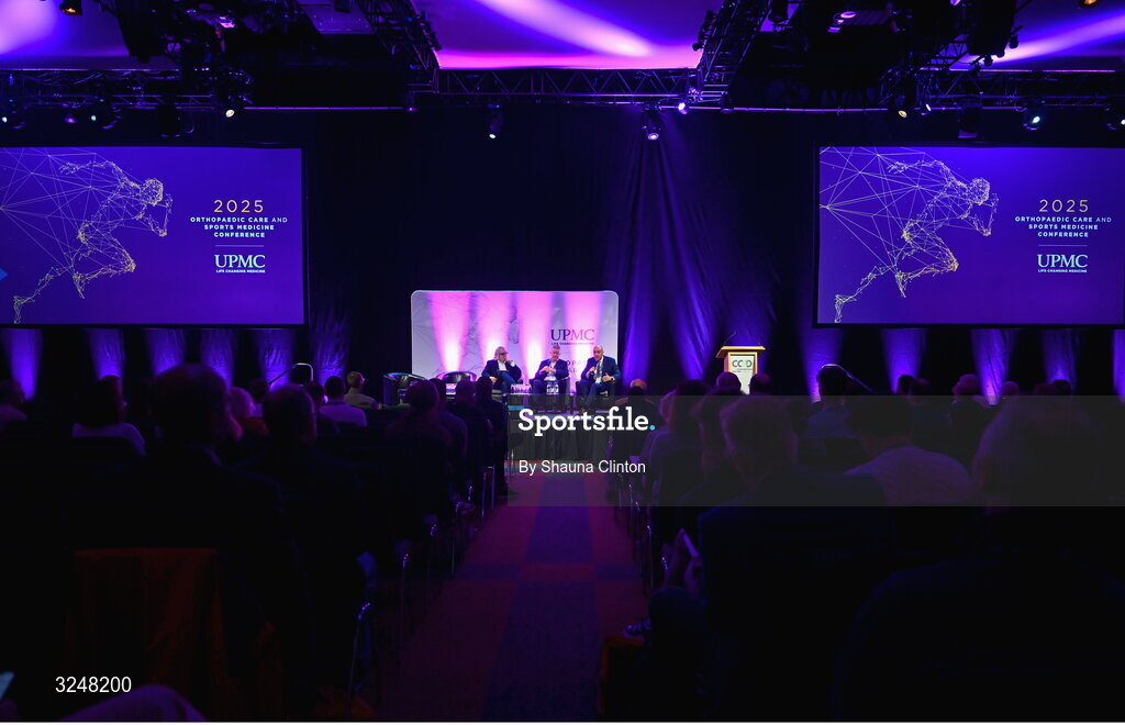 27 September 2025; Attendees, from left, MC Ger Gilroy, UPMC managing director Eamonn Fitzgerald and Whi Insurance DAC managing director Aaron Keogh during the UPMC Orthopaedic Care and Sports Medicine Conference at The Convention Centre in Dublin. Photo by Shauna Clinton/Sportsfile