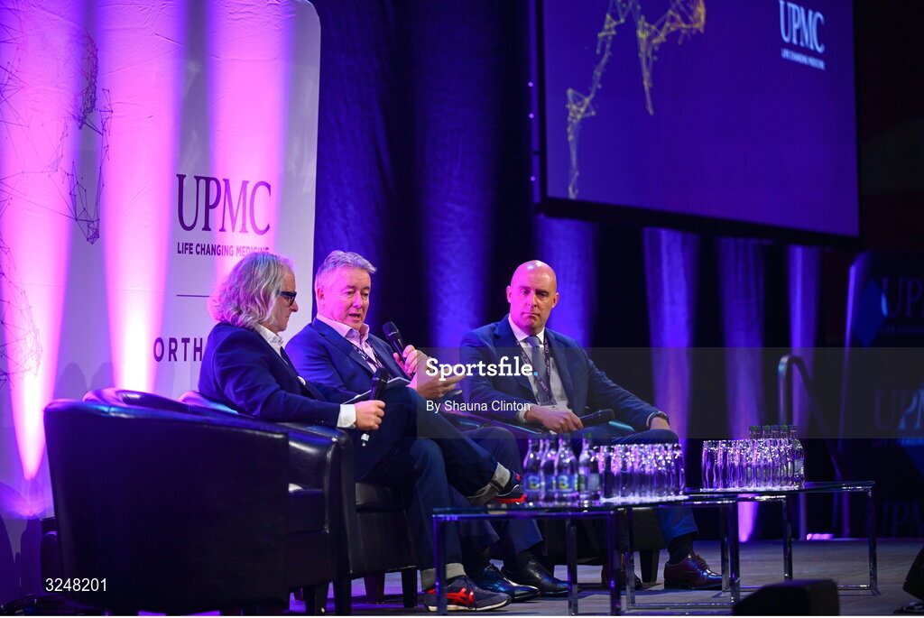 27 September 2025; Attendees, from left, MC Ger Gilroy, UPMC managing director Eamonn Fitzgerald and Whi Insurance DAC managing director Aaron Keogh during the UPMC Orthopaedic Care and Sports Medicine Conference at The Convention Centre in Dublin. Photo by Shauna Clinton/Sportsfile