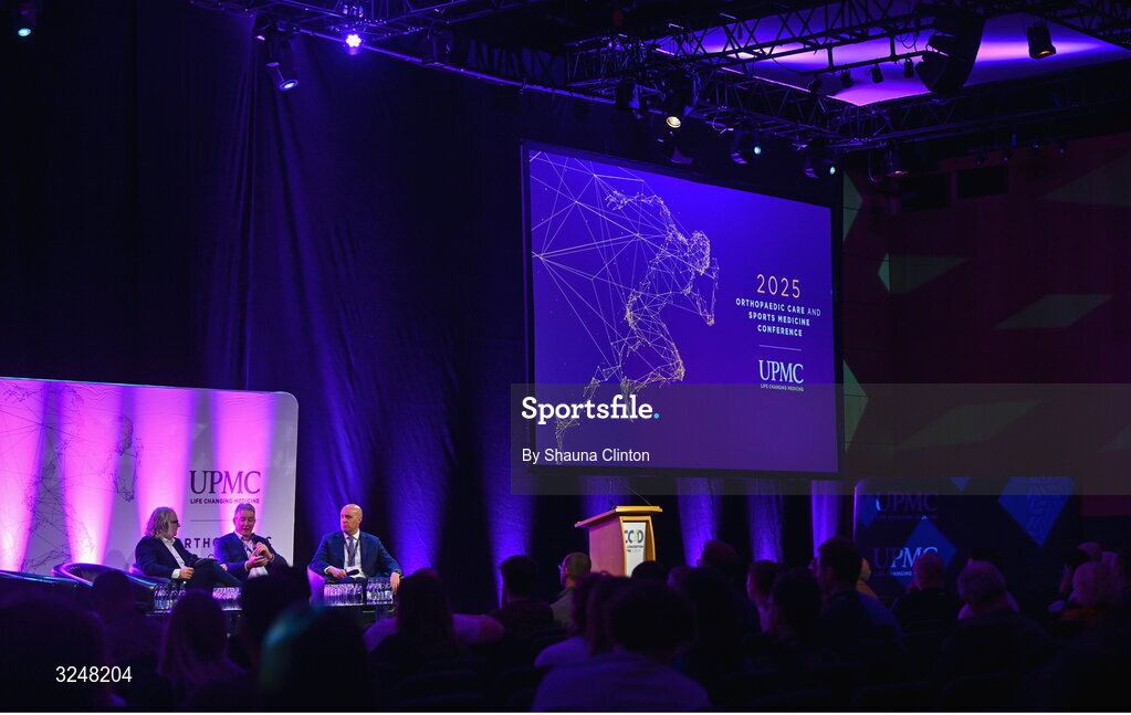 27 September 2025; Attendees, from left, MC Ger Gilroy, UPMC managing director Eamonn Fitzgerald and Whi Insurance DAC managing director Aaron Keogh during the UPMC Orthopaedic Care and Sports Medicine Conference at The Convention Centre in Dublin. Photo by Shauna Clinton/Sportsfile