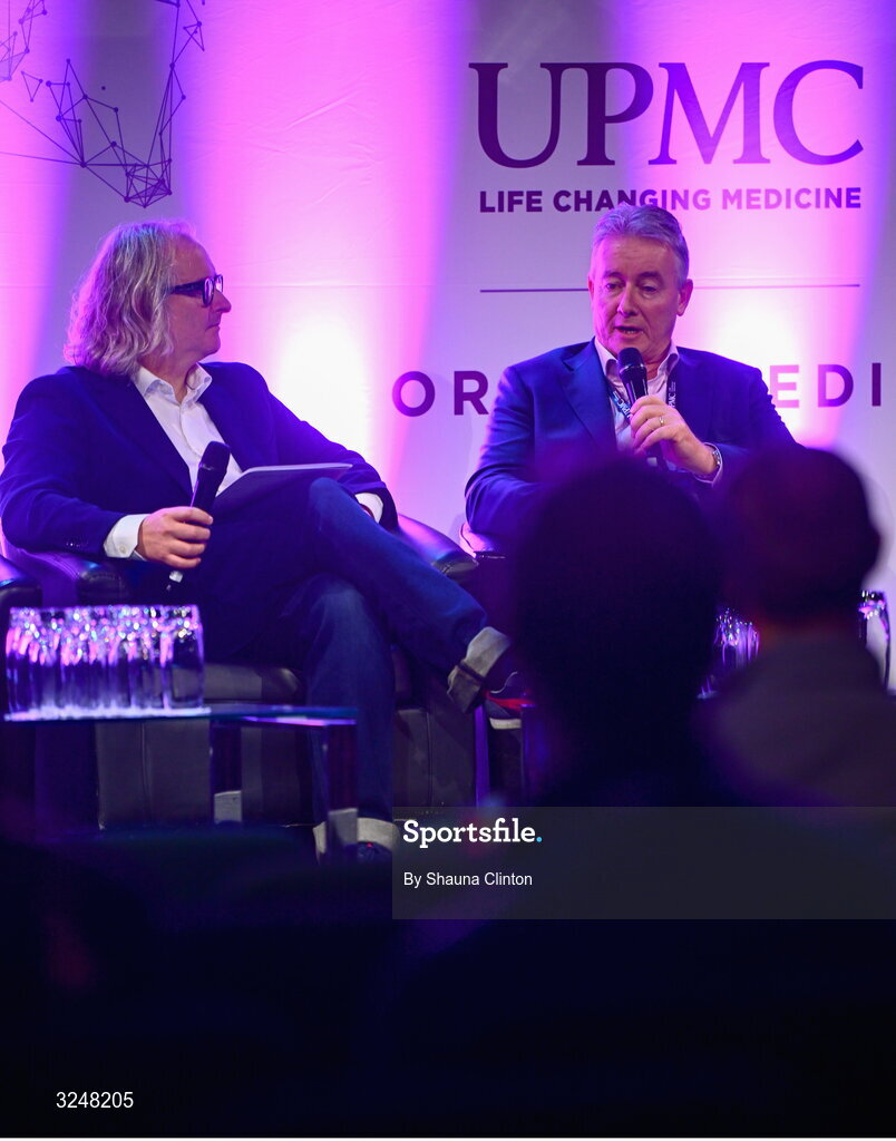 27 September 2025; Attendees, from left, MC Ger Gilroy, UPMC managing director Eamonn Fitzgerald and Whi Insurance DAC managing director Aaron Keogh during the UPMC Orthopaedic Care and Sports Medicine Conference at The Convention Centre in Dublin. Photo by Shauna Clinton/Sportsfile