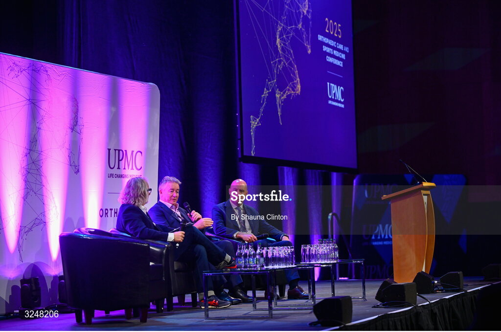 27 September 2025; Attendees, from left, MC Ger Gilroy, UPMC managing director Eamonn Fitzgerald and Whi Insurance DAC managing director Aaron Keogh during the UPMC Orthopaedic Care and Sports Medicine Conference at The Convention Centre in Dublin. Photo by Shauna Clinton/Sportsfile