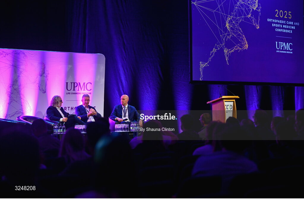 27 September 2025; Attendees, from left, MC Ger Gilroy, UPMC managing director Eamonn Fitzgerald and Whi Insurance DAC managing director Aaron Keogh during the UPMC Orthopaedic Care and Sports Medicine Conference at The Convention Centre in Dublin. Photo by Shauna Clinton/Sportsfile