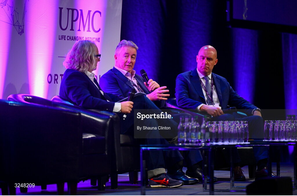27 September 2025; Attendees, from left, MC Ger Gilroy, UPMC managing director Eamonn Fitzgerald and Whi Insurance DAC managing director Aaron Keogh during the UPMC Orthopaedic Care and Sports Medicine Conference at The Convention Centre in Dublin. Photo by Shauna Clinton/Sportsfile
