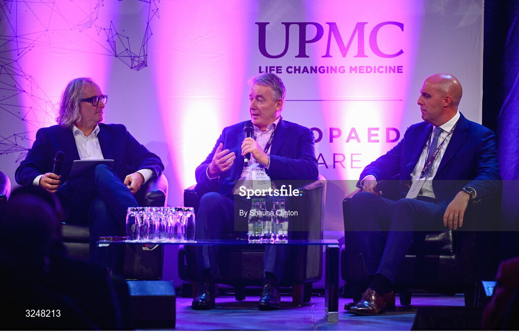 27 September 2025; Attendees, from left, MC Ger Gilroy, UPMC managing director Eamonn Fitzgerald and Whi Insurance DAC managing director Aaron Keogh during the UPMC Orthopaedic Care and Sports Medicine Conference at The Convention Centre in Dublin. Photo by Shauna Clinton/Sportsfile