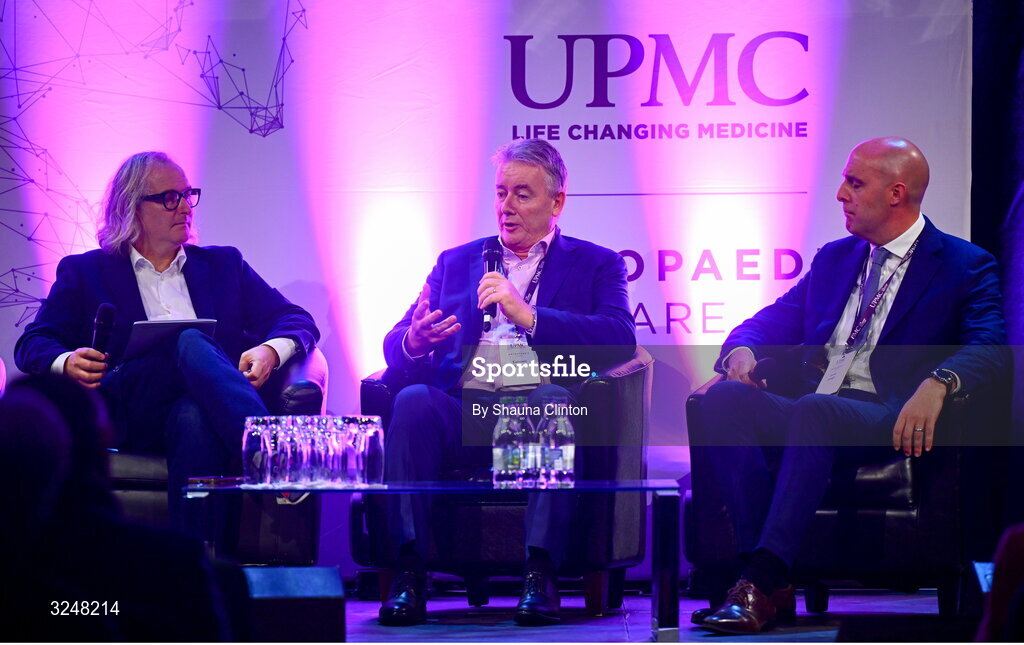 27 September 2025; Attendees, from left, MC Ger Gilroy, UPMC managing director Eamonn Fitzgerald and Whi Insurance DAC managing director Aaron Keogh during the UPMC Orthopaedic Care and Sports Medicine Conference at The Convention Centre in Dublin. Photo by Shauna Clinton/Sportsfile