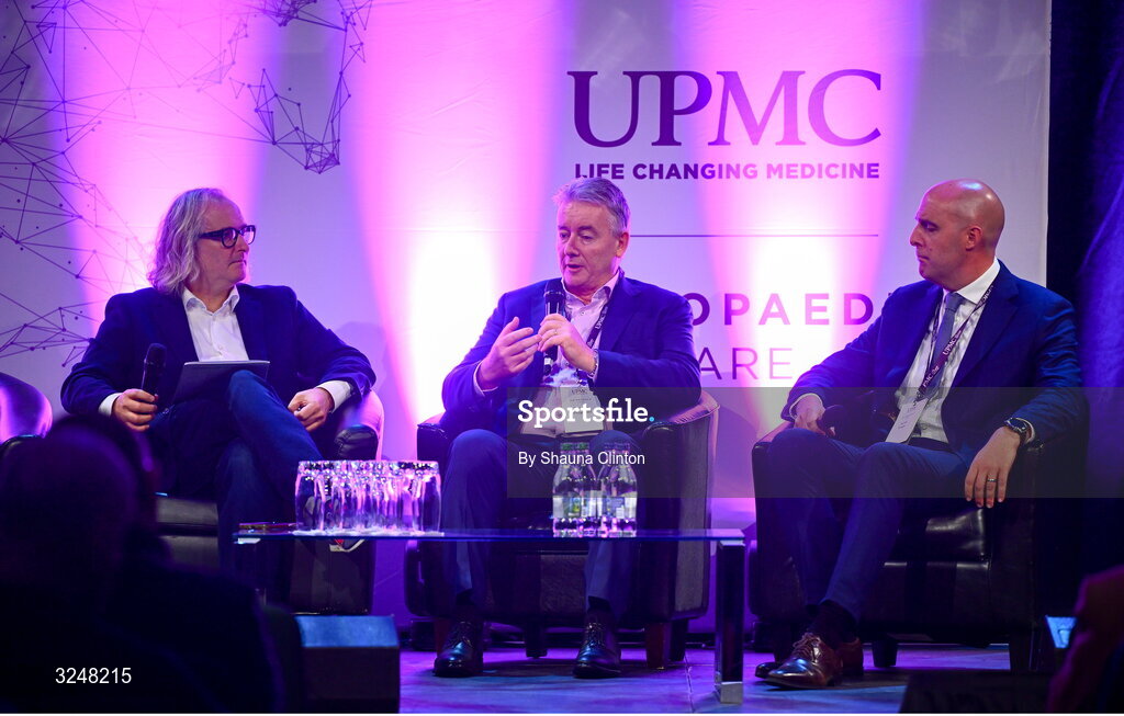 27 September 2025; Attendees, from left, MC Ger Gilroy, UPMC managing director Eamonn Fitzgerald and Whi Insurance DAC managing director Aaron Keogh during the UPMC Orthopaedic Care and Sports Medicine Conference at The Convention Centre in Dublin. Photo by Shauna Clinton/Sportsfile