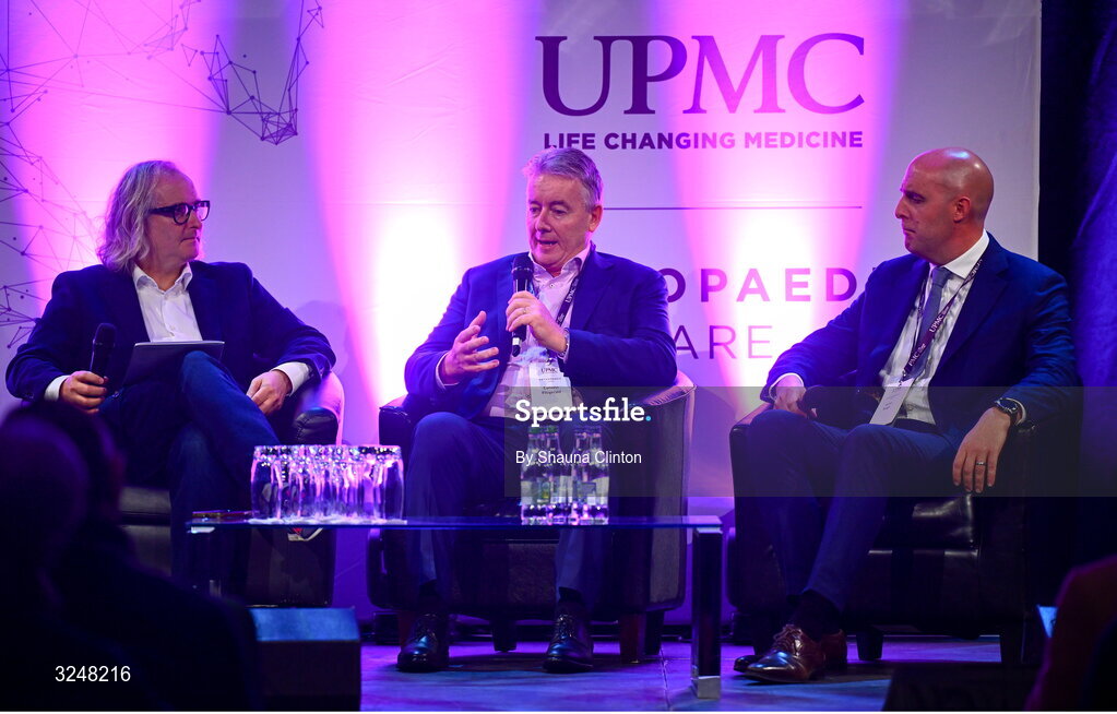 27 September 2025; Attendees, from left, MC Ger Gilroy, UPMC managing director Eamonn Fitzgerald and Whi Insurance DAC managing director Aaron Keogh during the UPMC Orthopaedic Care and Sports Medicine Conference at The Convention Centre in Dublin. Photo by Shauna Clinton/Sportsfile
