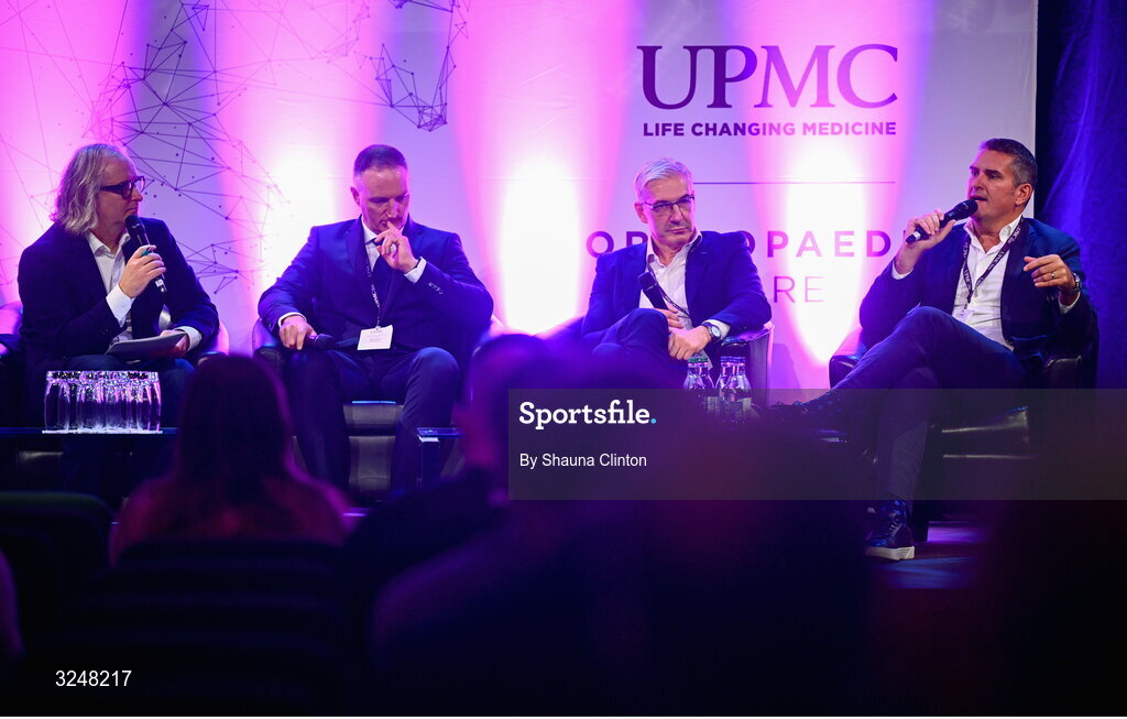 27 September 2025; Attendees, from left, MC Ger Gilroy, UPMC Whitfield Hospital consultant orthopaedic surgeon Mr Fiachra Rowan, UMPC Sports Surgery Clinic consultant orthopaedic surgeon Mr Mihai Vioreanu and Chief of Surgery at Aspetar Sport Medicine Hositpal, Doha, Quatar Alan Getgood during the UPMC Orthopaedic Care and Sports Medicine Conference at The Convention Centre in Dublin. Photo by Shauna Clinton/Sportsfile
