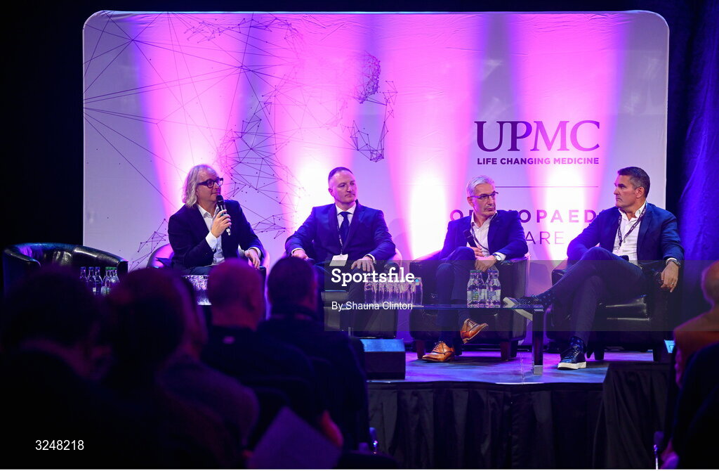 27 September 2025; Attendees, from left, MC Ger Gilroy, UPMC Whitfield Hospital consultant orthopaedic surgeon Mr Fiachra Rowan, UMPC Sports Surgery Clinic consultant orthopaedic surgeon Mr Mihai Vioreanu and Chief of Surgery at Aspetar Sport Medicine Hositpal, Doha, Quatar Alan Getgood during the UPMC Orthopaedic Care and Sports Medicine Conference at The Convention Centre in Dublin. Photo by Shauna Clinton/Sportsfile