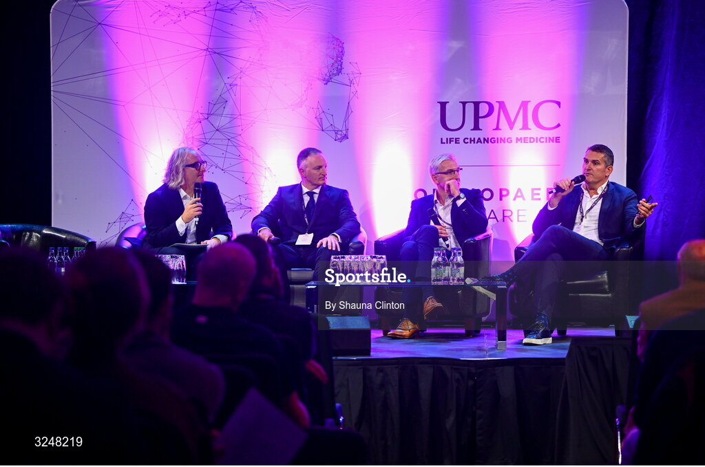 27 September 2025; Attendees, from left, MC Ger Gilroy, UPMC Whitfield Hospital consultant orthopaedic surgeon Mr Fiachra Rowan, UMPC Sports Surgery Clinic consultant orthopaedic surgeon Mr Mihai Vioreanu and Chief of Surgery at Aspetar Sport Medicine Hositpal, Doha, Quatar Alan Getgood during the UPMC Orthopaedic Care and Sports Medicine Conference at The Convention Centre in Dublin. Photo by Shauna Clinton/Sportsfile