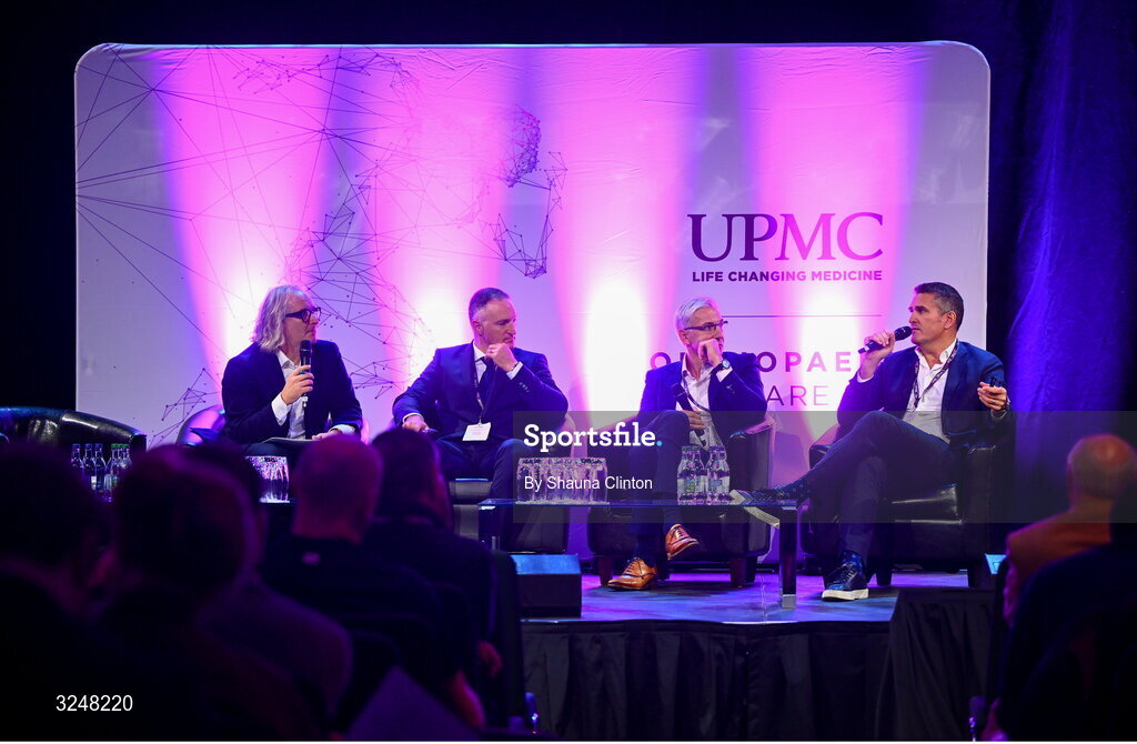 27 September 2025; Attendees, from left, MC Ger Gilroy, UPMC Whitfield Hospital consultant orthopaedic surgeon Mr Fiachra Rowan, UMPC Sports Surgery Clinic consultant orthopaedic surgeon Mr Mihai Vioreanu and Chief of Surgery at Aspetar Sport Medicine Hositpal, Doha, Quatar Alan Getgood during the UPMC Orthopaedic Care and Sports Medicine Conference at The Convention Centre in Dublin. Photo by Shauna Clinton/Sportsfile