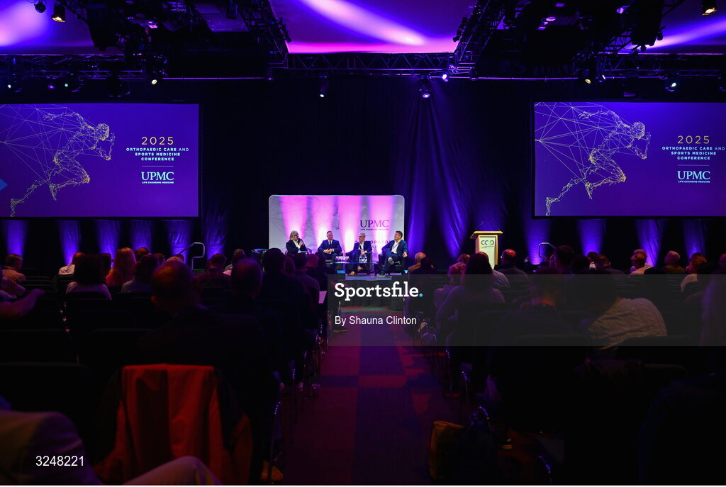 27 September 2025; Attendees, from left, MC Ger Gilroy, UPMC Whitfield Hospital consultant orthopaedic surgeon Mr Fiachra Rowan, UMPC Sports Surgery Clinic consultant orthopaedic surgeon Mr Mihai Vioreanu and Chief of Surgery at Aspetar Sport Medicine Hositpal, Doha, Quatar Alan Getgood during the UPMC Orthopaedic Care and Sports Medicine Conference at The Convention Centre in Dublin. Photo by Shauna Clinton/Sportsfile