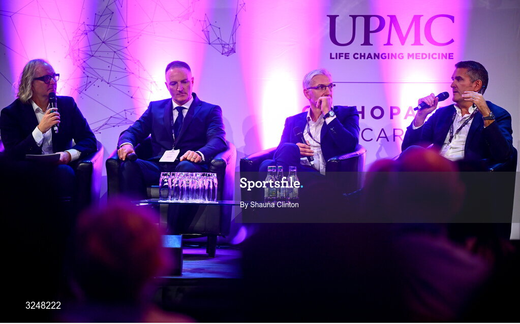 27 September 2025; Attendees, from left, MC Ger Gilroy, UPMC Whitfield Hospital consultant orthopaedic surgeon Mr Fiachra Rowan, UMPC Sports Surgery Clinic consultant orthopaedic surgeon Mr Mihai Vioreanu and Chief of Surgery at Aspetar Sport Medicine Hositpal, Doha, Quatar Alan Getgood during the UPMC Orthopaedic Care and Sports Medicine Conference at The Convention Centre in Dublin. Photo by Shauna Clinton/Sportsfile