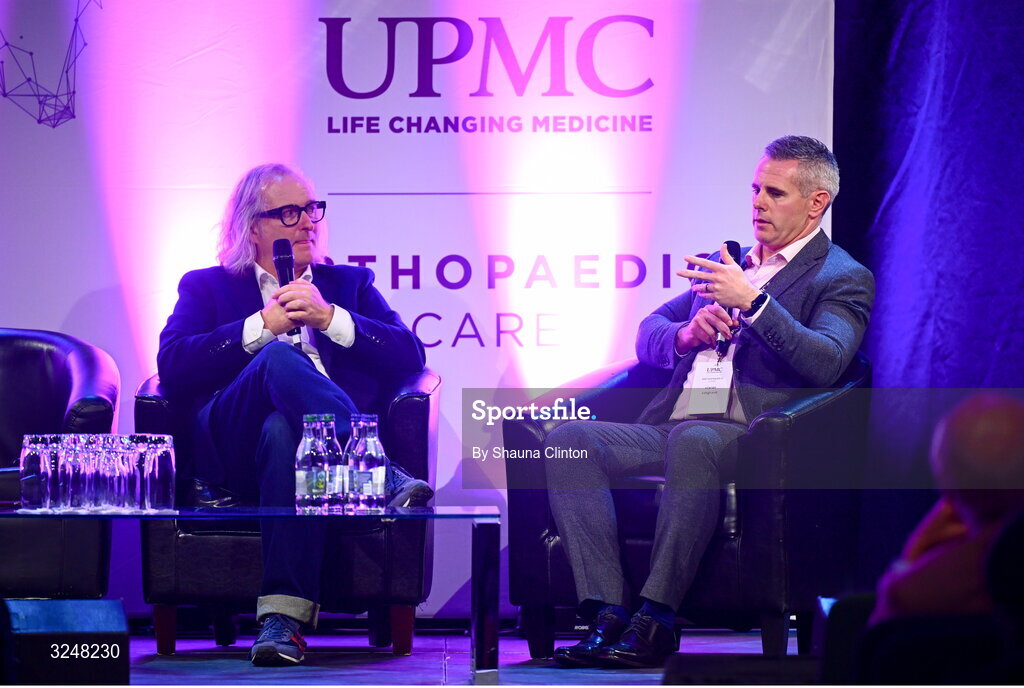 27 September 2025; MC Ger Gilroy of Newstalk Radio, left, and UPMC Sports Medicine and Institute for Health director Ciaran Cosgrave during the UPMC Orthopaedic Care and Sports Medicine Conference at The Convention Centre in Dublin. Photo by Shauna Clinton/Sportsfile