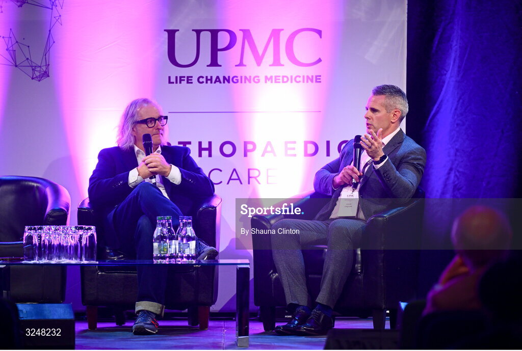 27 September 2025; MC Ger Gilroy of Newstalk Radio, left, and UPMC Sports Medicine and Institute for Health director Ciaran Cosgrave during the UPMC Orthopaedic Care and Sports Medicine Conference at The Convention Centre in Dublin. Photo by Shauna Clinton/Sportsfile