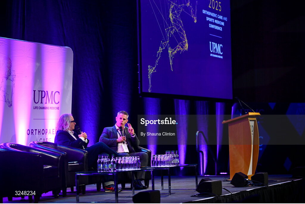 27 September 2025; MC Ger Gilroy of Newstalk Radio, left, and UPMC Sports Medicine and Institute for Health director Ciaran Cosgrave during the UPMC Orthopaedic Care and Sports Medicine Conference at The Convention Centre in Dublin. Photo by Shauna Clinton/Sportsfile