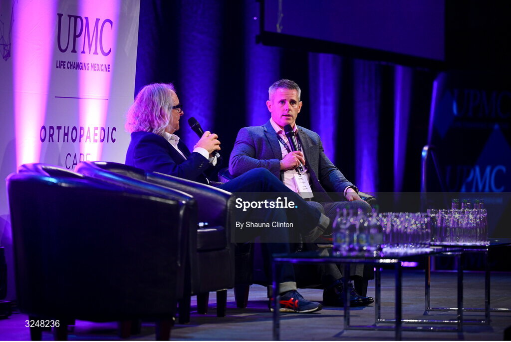27 September 2025; MC Ger Gilroy of Newstalk Radio, left, and UPMC Sports Medicine and Institute for Health director Ciaran Cosgrave during the UPMC Orthopaedic Care and Sports Medicine Conference at The Convention Centre in Dublin. Photo by Shauna Clinton/Sportsfile