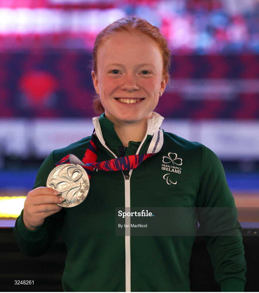 27 September 2025; Dearbhaile Brady of team Ireland poses with her silver medal after the final of the Women’s 50m Butterfly S6 during day seven of the Toyota World Para Swimming Championships at the OCBC Aquatic Centre in Singapore. Photo by Ian MacNicol/Sportsfile