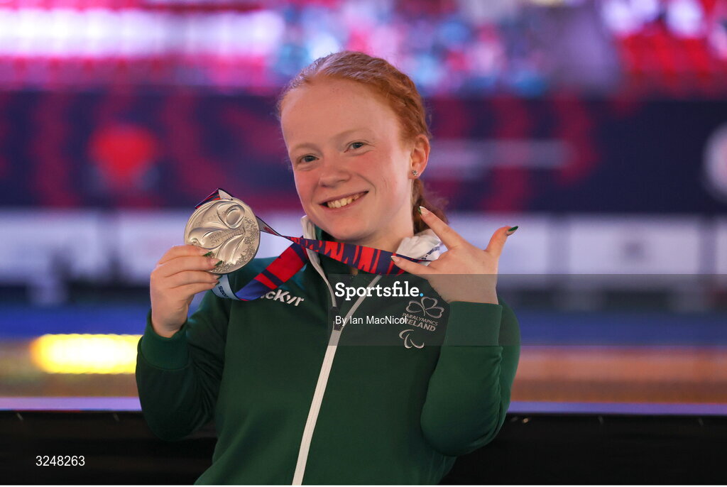 27 September 2025; Dearbhaile Brady of team Ireland poses with her silver medal after the final of the Women’s 50m Butterfly S6 during day seven of the Toyota World Para Swimming Championships at the OCBC Aquatic Centre in Singapore. Photo by Ian MacNicol/Sportsfile
