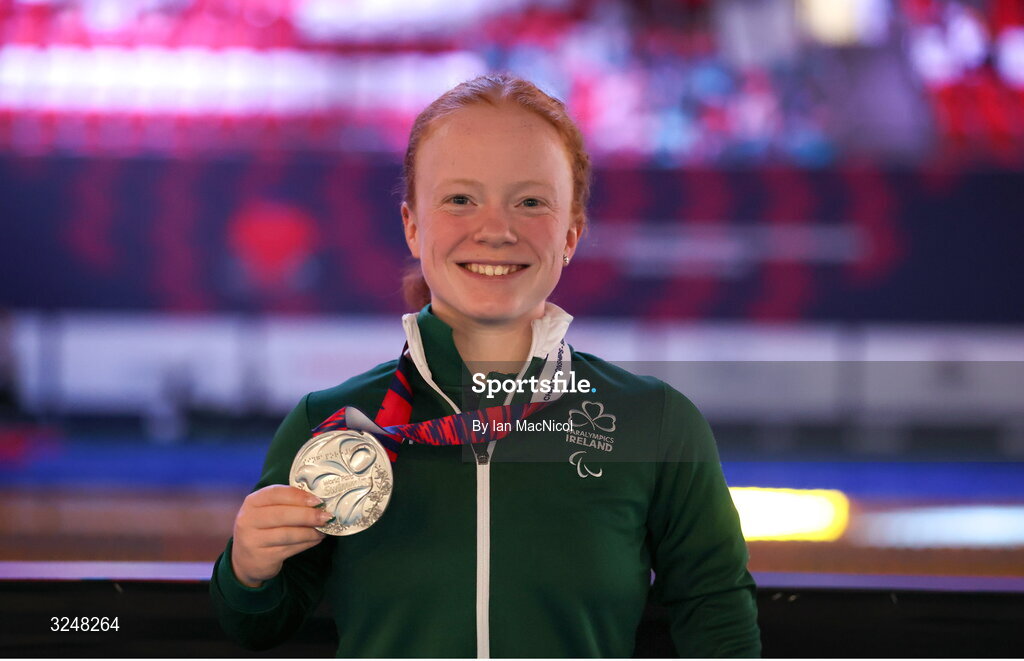 27 September 2025; Dearbhaile Brady of team Ireland poses with her silver medal after the final of the Women’s 50m Butterfly S6 during day seven of the Toyota World Para Swimming Championships at the OCBC Aquatic Centre in Singapore. Photo by Ian MacNicol/Sportsfile