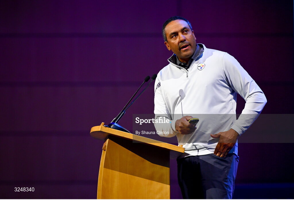 27 September 2025; Pittsburgh Steelers neurosurgeon David Okonkwo, MD, PhD, during the UPMC Orthopaedic Care and Sports Medicine Conference at The Convention Centre in Dublin. Photo by Shauna Clinton/Sportsfile