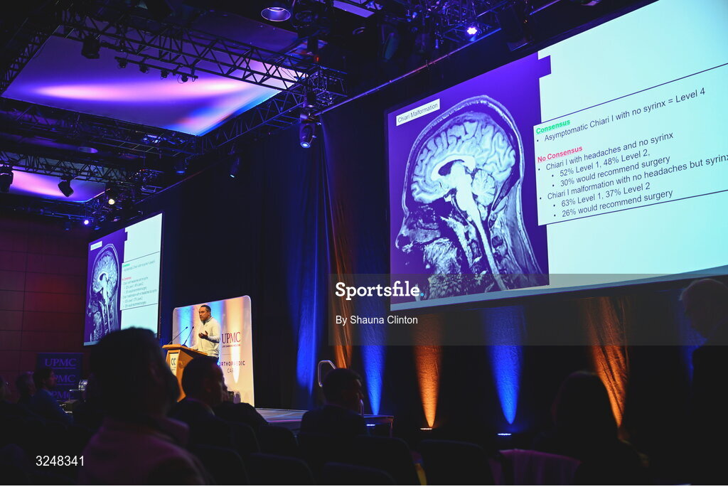 27 September 2025; Pittsburgh Steelers neurosurgeon David Okonkwo, MD, PhD, during the UPMC Orthopaedic Care and Sports Medicine Conference at The Convention Centre in Dublin. Photo by Shauna Clinton/Sportsfile