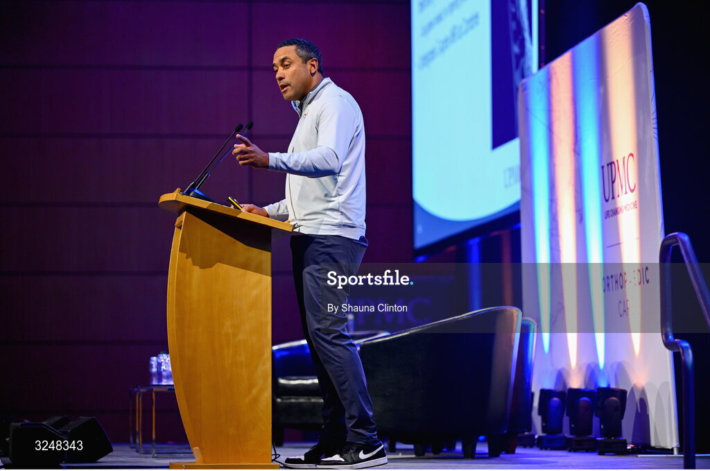 27 September 2025; Pittsburgh Steelers neurosurgeon David Okonkwo, MD, PhD, during the UPMC Orthopaedic Care and Sports Medicine Conference at The Convention Centre in Dublin. Photo by Shauna Clinton/Sportsfile