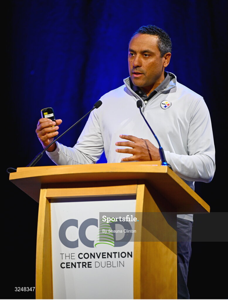 27 September 2025; Pittsburgh Steelers neurosurgeon David Okonkwo, MD, PhD, during the UPMC Orthopaedic Care and Sports Medicine Conference at The Convention Centre in Dublin. Photo by Shauna Clinton/Sportsfile