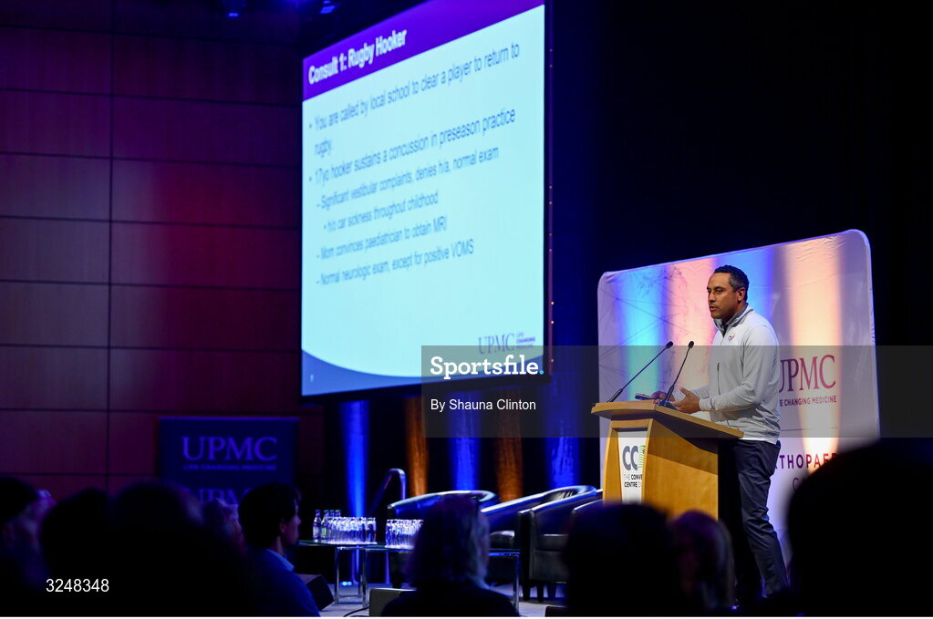 27 September 2025; Pittsburgh Steelers neurosurgeon David Okonkwo, MD, PhD, during the UPMC Orthopaedic Care and Sports Medicine Conference at The Convention Centre in Dublin. Photo by Shauna Clinton/Sportsfile
