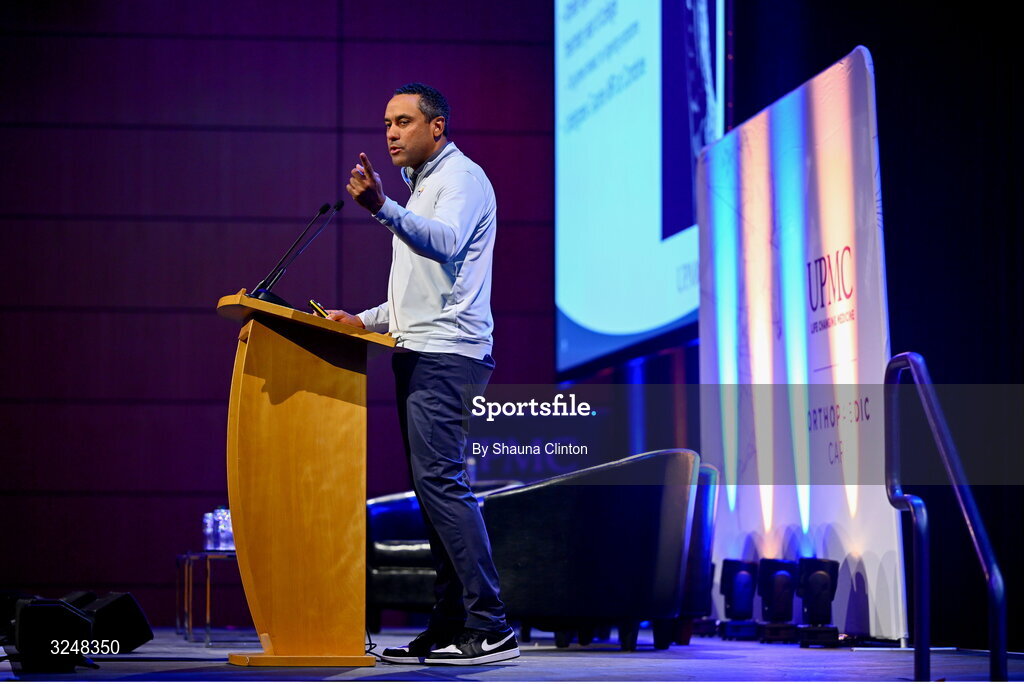 27 September 2025; Pittsburgh Steelers neurosurgeon David Okonkwo, MD, PhD, during the UPMC Orthopaedic Care and Sports Medicine Conference at The Convention Centre in Dublin. Photo by Shauna Clinton/Sportsfile