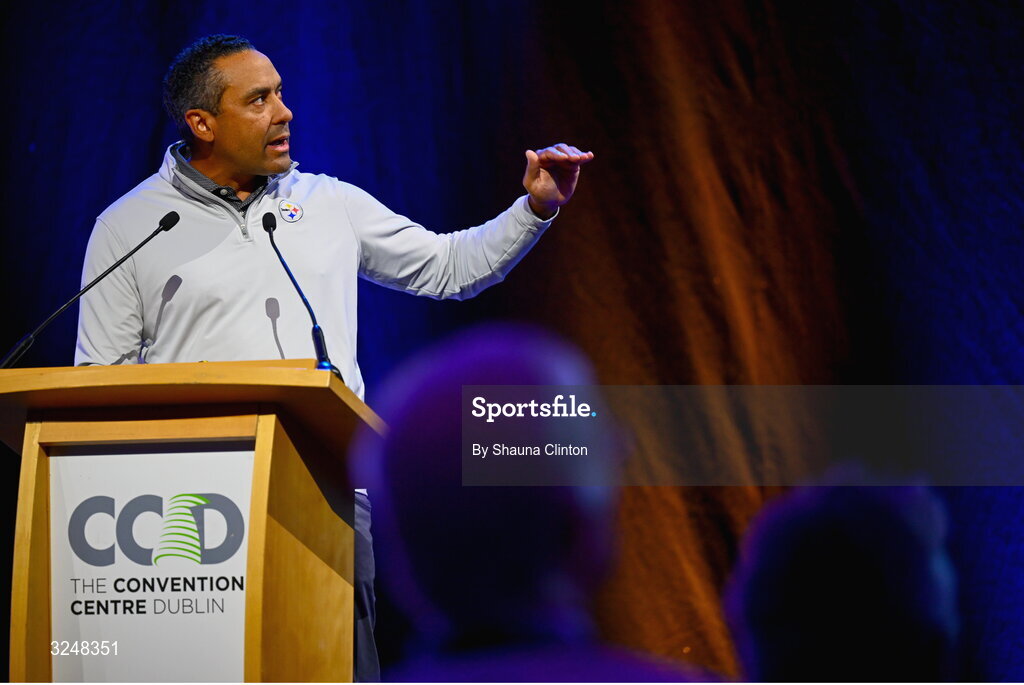 27 September 2025; Pittsburgh Steelers neurosurgeon David Okonkwo, MD, PhD, during the UPMC Orthopaedic Care and Sports Medicine Conference at The Convention Centre in Dublin. Photo by Shauna Clinton/Sportsfile