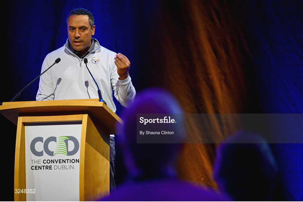 27 September 2025; Pittsburgh Steelers neurosurgeon David Okonkwo, MD, PhD, during the UPMC Orthopaedic Care and Sports Medicine Conference at The Convention Centre in Dublin. Photo by Shauna Clinton/Sportsfile