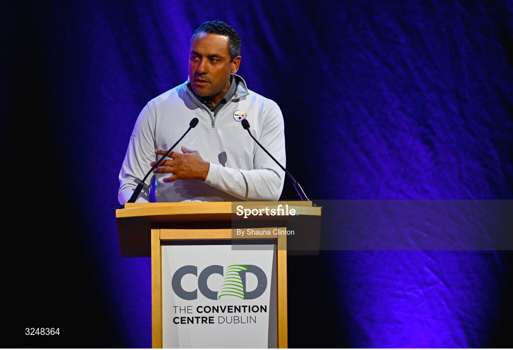 27 September 2025; Pittsburgh Steelers neurosurgeon David Okonkwo, MD, PhD, during the UPMC Orthopaedic Care and Sports Medicine Conference at The Convention Centre in Dublin. Photo by Shauna Clinton/Sportsfile