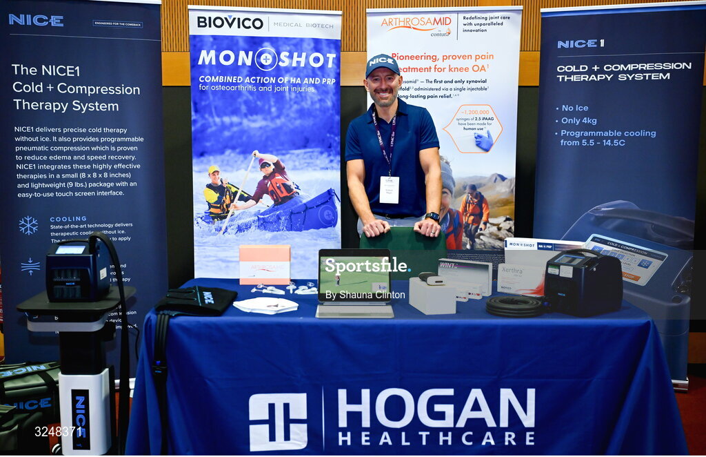 27 September 2025; A general view of the Hogan Healthcare stand during the UPMC Orthopaedic Care and Sports Medicine Conference at The Convention Centre in Dublin. Photo by Shauna Clinton/Sportsfile