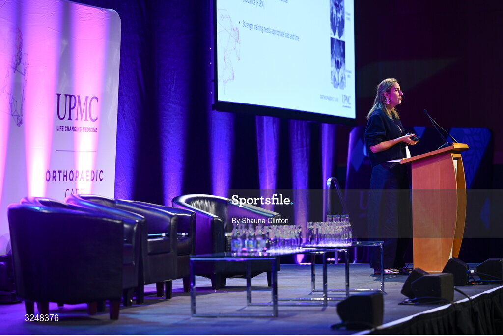 27 September 2025; UPMC Sports Surgery Clinic lead spinal team physiotherapist Claire Whelan during the UPMC Orthopaedic Care and Sports Medicine Conference at The Convention Centre in Dublin. Photo by Shauna Clinton/Sportsfile