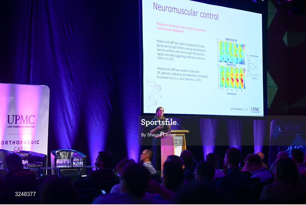 27 September 2025; UPMC Sports Surgery Clinic lead spinal team physiotherapist Claire Whelan during the UPMC Orthopaedic Care and Sports Medicine Conference at The Convention Centre in Dublin. Photo by Shauna Clinton/Sportsfile