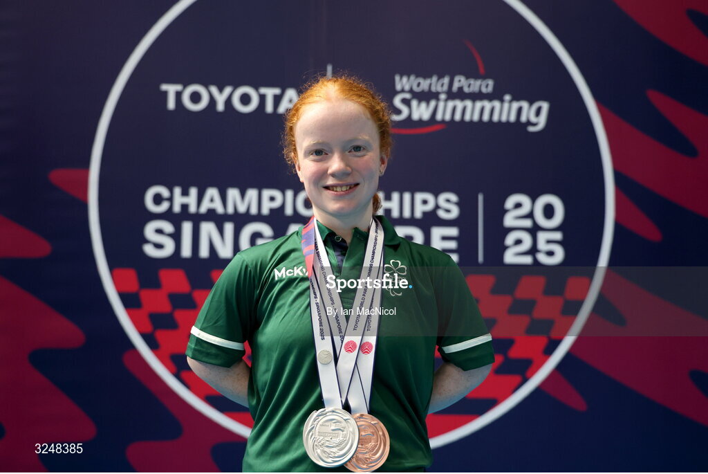 27 September 2025; Dearbhaile Brady of team Ireland with her medals during day seven of the Toyota World Para Swimming Championships at the OCBC Aquatic Centre in Singapore. Photo by Ian MacNicol/Sportsfile