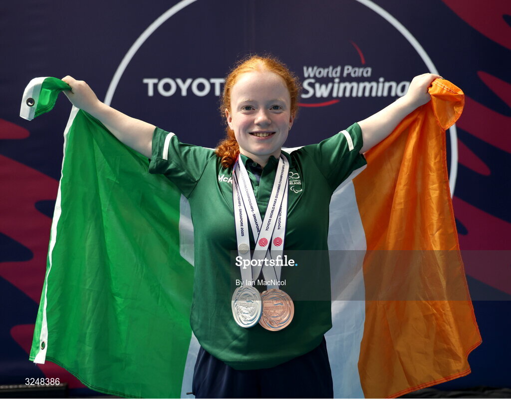 27 September 2025; Dearbhaile Brady of team Ireland with her medals during day seven of the Toyota World Para Swimming Championships at the OCBC Aquatic Centre in Singapore. Photo by Ian MacNicol/Sportsfile