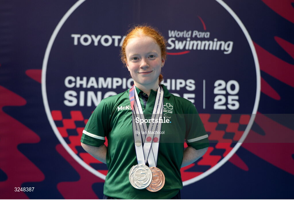 27 September 2025; Dearbhaile Brady of team Ireland with her medals during day seven of the Toyota World Para Swimming Championships at the OCBC Aquatic Centre in Singapore. Photo by Ian MacNicol/Sportsfile