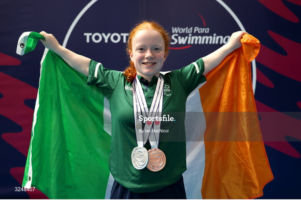 27 September 2025; Dearbhaile Brady of team Ireland with her medals during day seven of the Toyota World Para Swimming Championships at the OCBC Aquatic Centre in Singapore. Photo by Ian MacNicol/Sportsfile